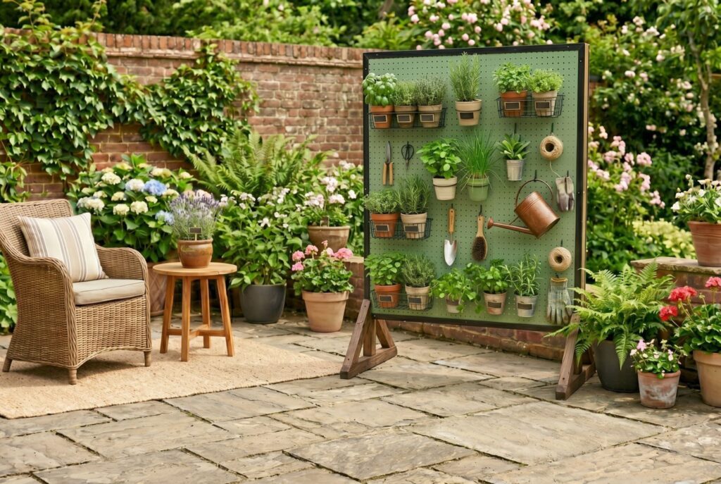 Outdoor pegboard herb station with movable planters and garden tools on patio. 