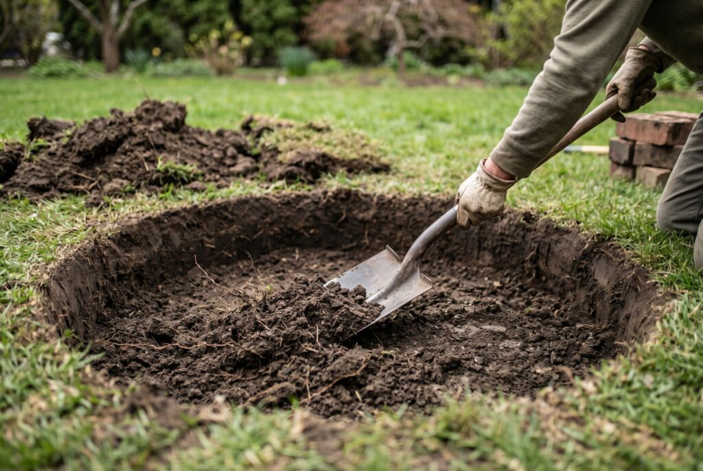 Excavating circular fire pit base with shovel for DIY smokeless fire pit construction. 
