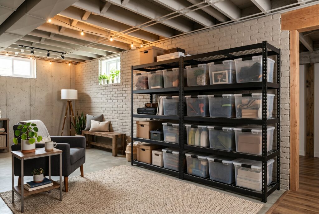 Heavy duty storage racks with labeled clear bins organizing basement storage space.