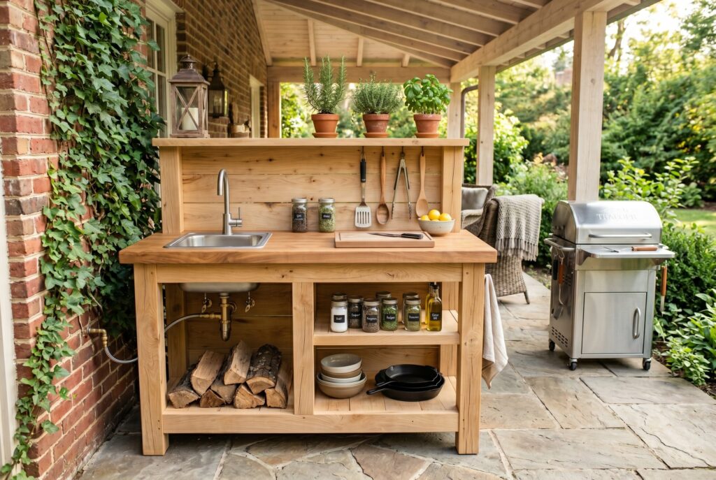 Reclaimed wood outdoor cooking station with butcher block countertop, sink, and open shelving. 