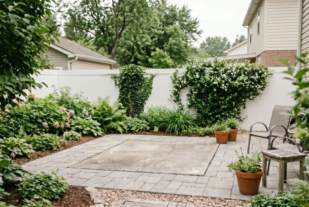 Expanded patio using existing concrete slab with paver extension and garden borders. 