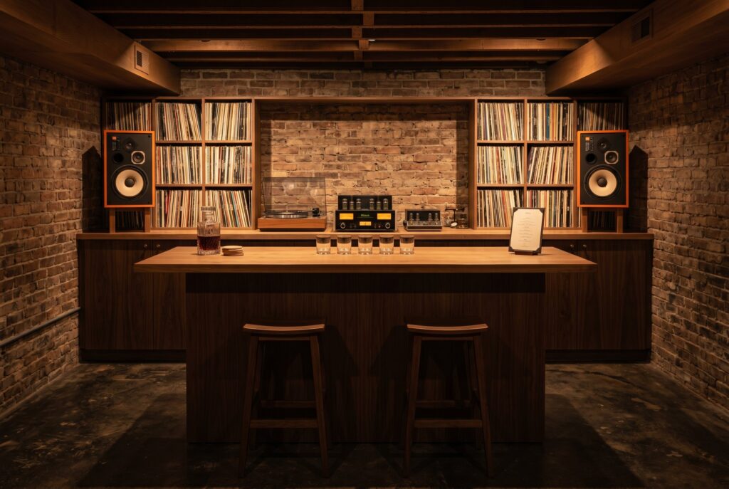 Minimalist listening bar with vinyl record storage, Hi Fi speakers, and ambient lighting. 
