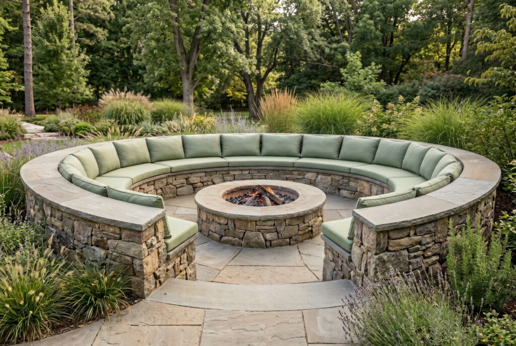 Curved stone seat wall with sage green cushions surrounding circular backyard fire pit.