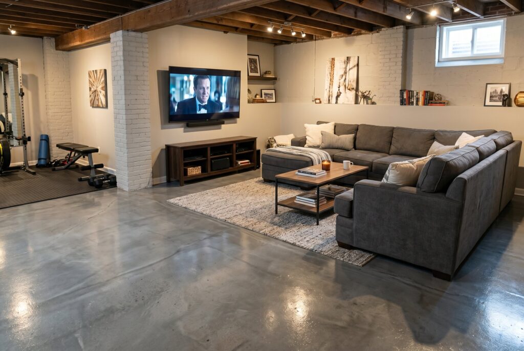 Polished concrete basement floor with industrial design, sectional seating, and media wall.