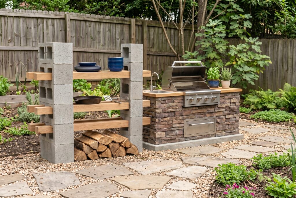 No nail modular block station with concrete blocks, oak shelving, and portable grill setup. 