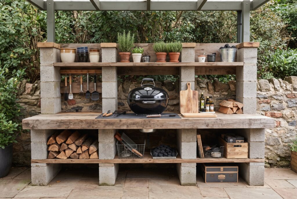 Budget outdoor kitchen storage wall with concrete blocks, timber shelves, and kettle grill.