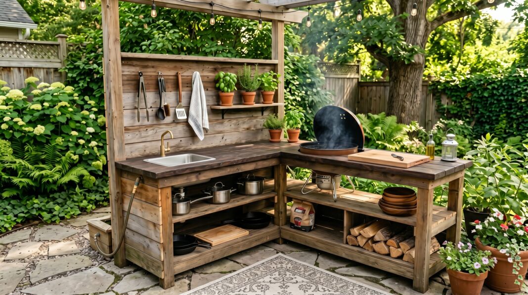 DIY outdoor kitchen with wood counters, open shelving, grill station, and garden backdrop.
