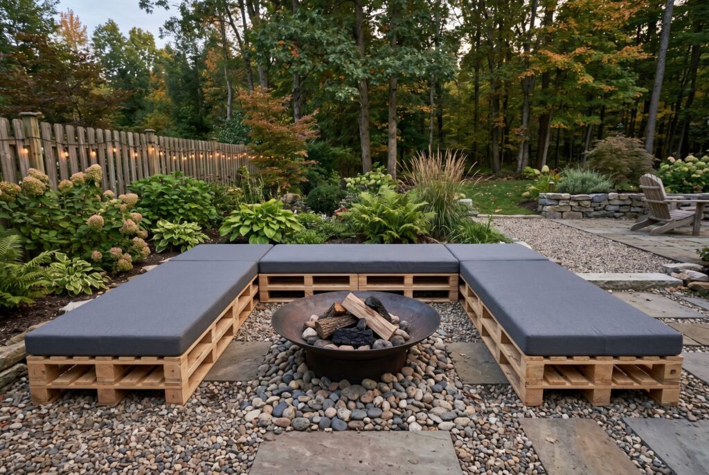 U shaped pallet lounge seating around metal fire bowl in budget friendly backyard design.