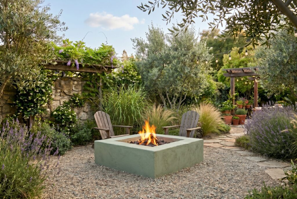 Sage green stucco fire pit surround with lavender, ornamental grasses, and garden pathways.