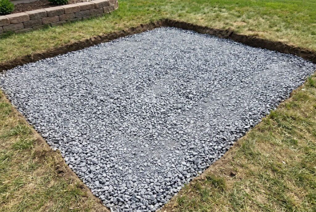 Compacted crushed gravel base for in ground fire pit foundation and hardscape preparation.