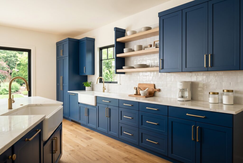 Naval blue kitchen cabinets with brass hardware, floating oak shelves, and light stone counters.