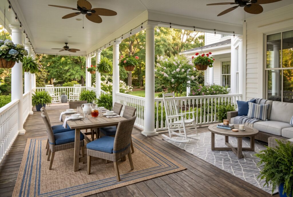 Layered outdoor rugs defining dining and lounge zones on spacious wrap around porch. 