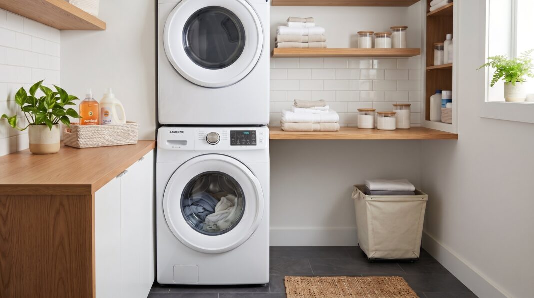 A stacked white front-load washer and dryer in a clean, organized laundry room, ready for maintenance.