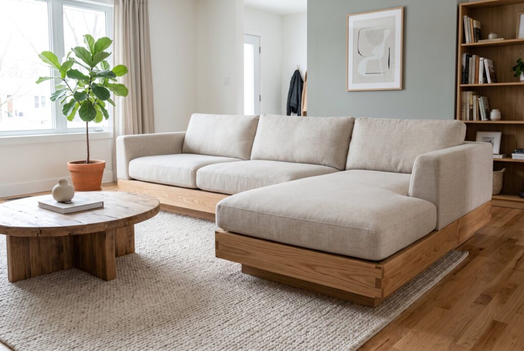 Sectional sofa on custom oak platform base with organic modern styling.