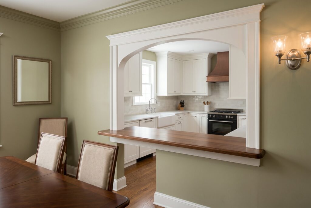 Traditional pass through window with wood trim and counter ledge.