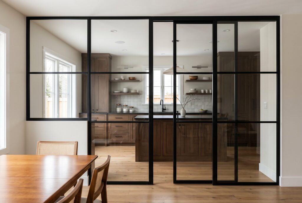Black framed glass partition separating dining room from a modern kitchen.