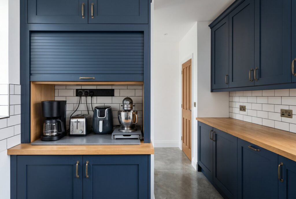 Navy kitchen cabinets with brass hardware, marble counters, and warm lighting.