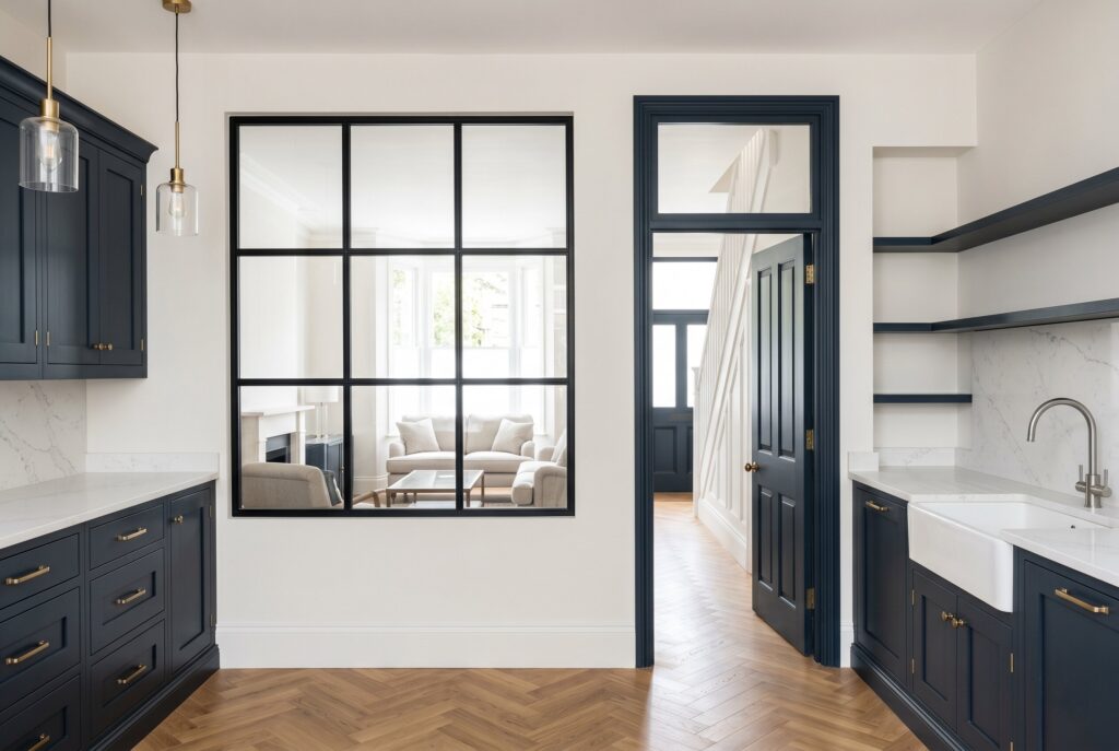 Closed kitchen with interior glass window, navy cabinets, and borrowed light.