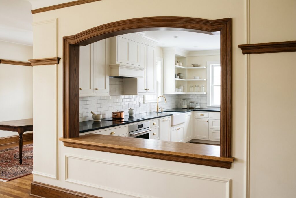 Moody olive green kitchen with dark cabinetry, wood trim, and earthy tones.