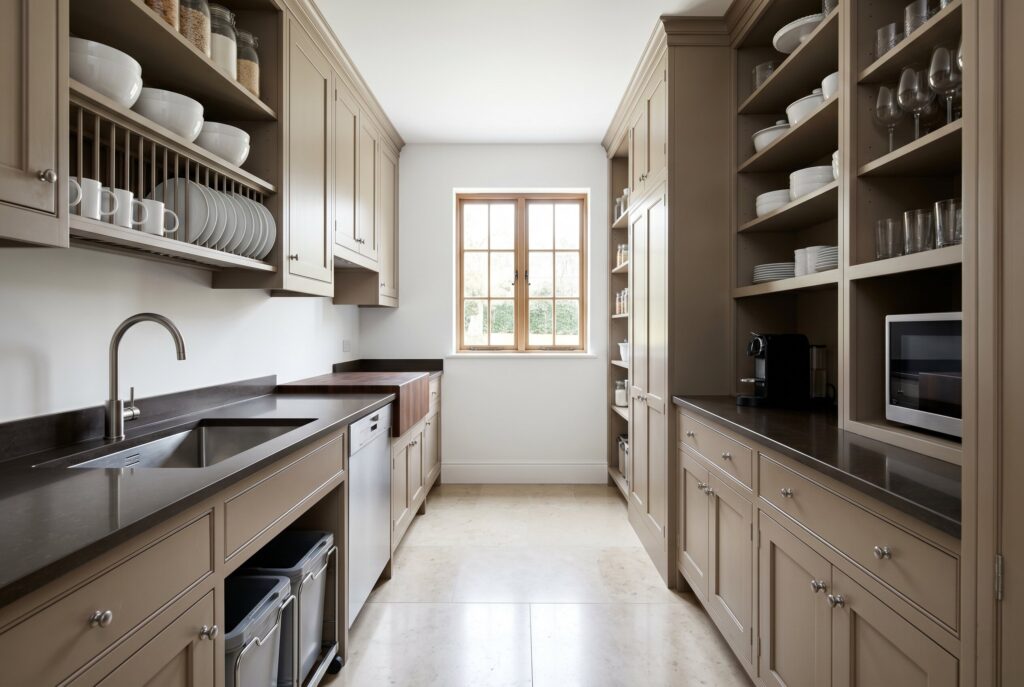 Narrow scullery with sink, open shelving, cabinetry, and hidden prep storage.