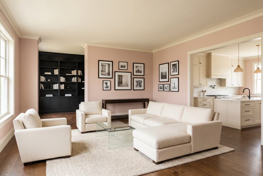 Dimity living room with soft pink taupe walls, cream seating, and black built in shelving. 