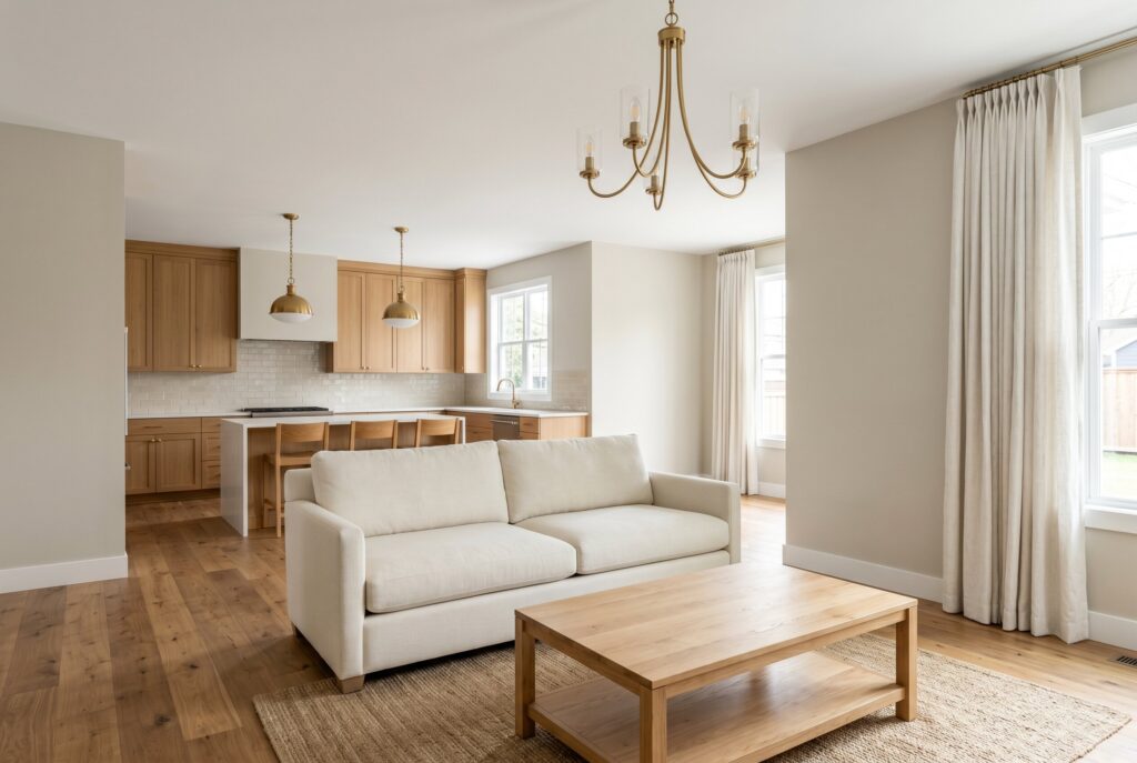 Balboa Mist living room with cream sofa, brass chandelier, oak kitchen, and warm neutral palette. 