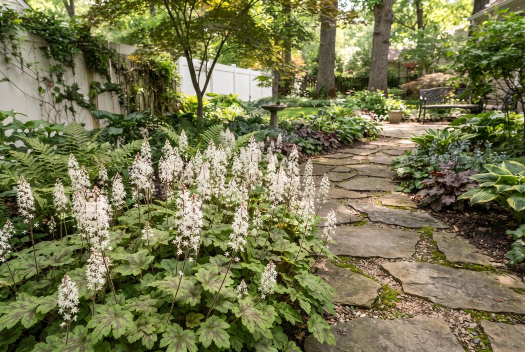 Foamflower featuring airy spikes of white blooms floating above textured leaves next to a shaded stone walkway.