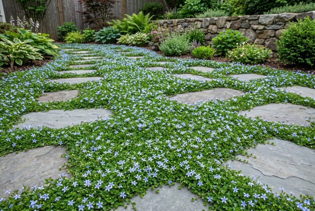Blue star creeper forming a dense green carpet accented by delicate pale blue flowers between large, rectangular stepping stones.