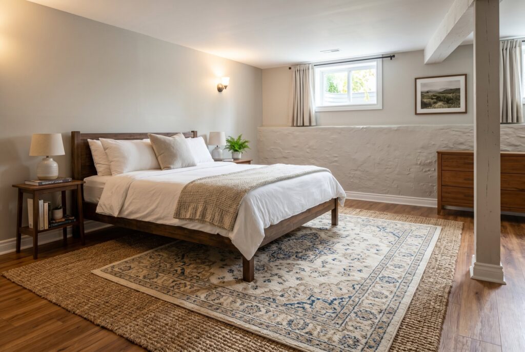 Layered wool and jute rugs beneath bed adding warmth to basement guest suite.