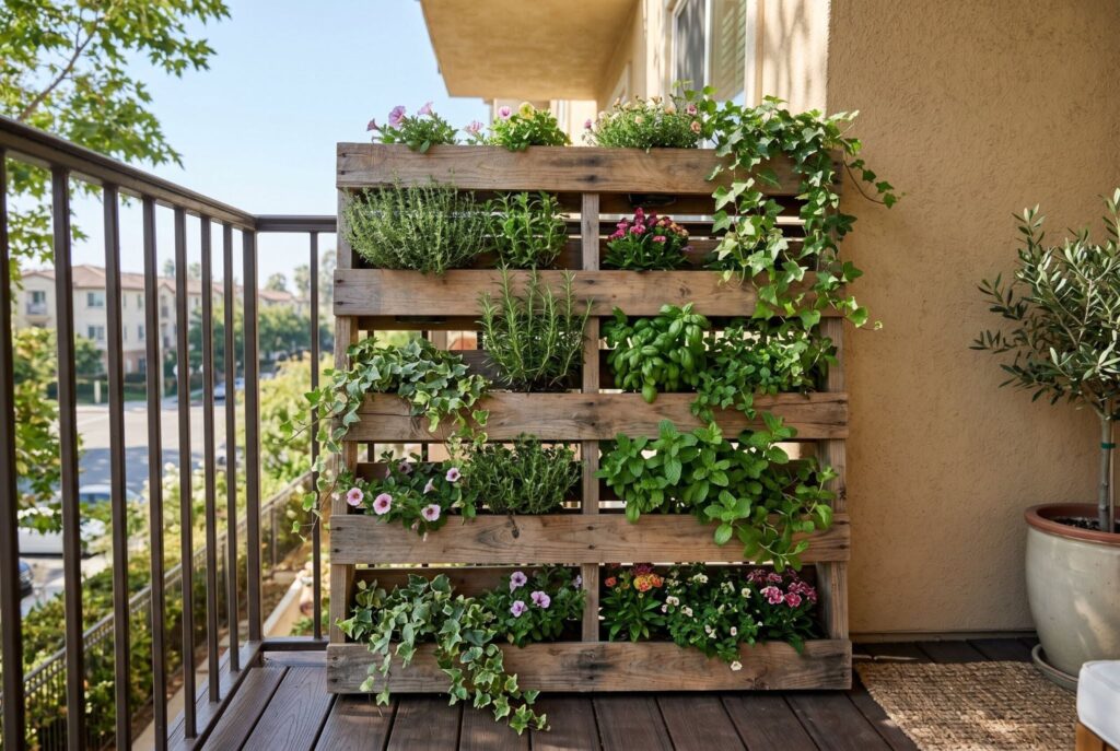 Vertical pallet planter filled with herbs and flowers on small apartment balcony. 