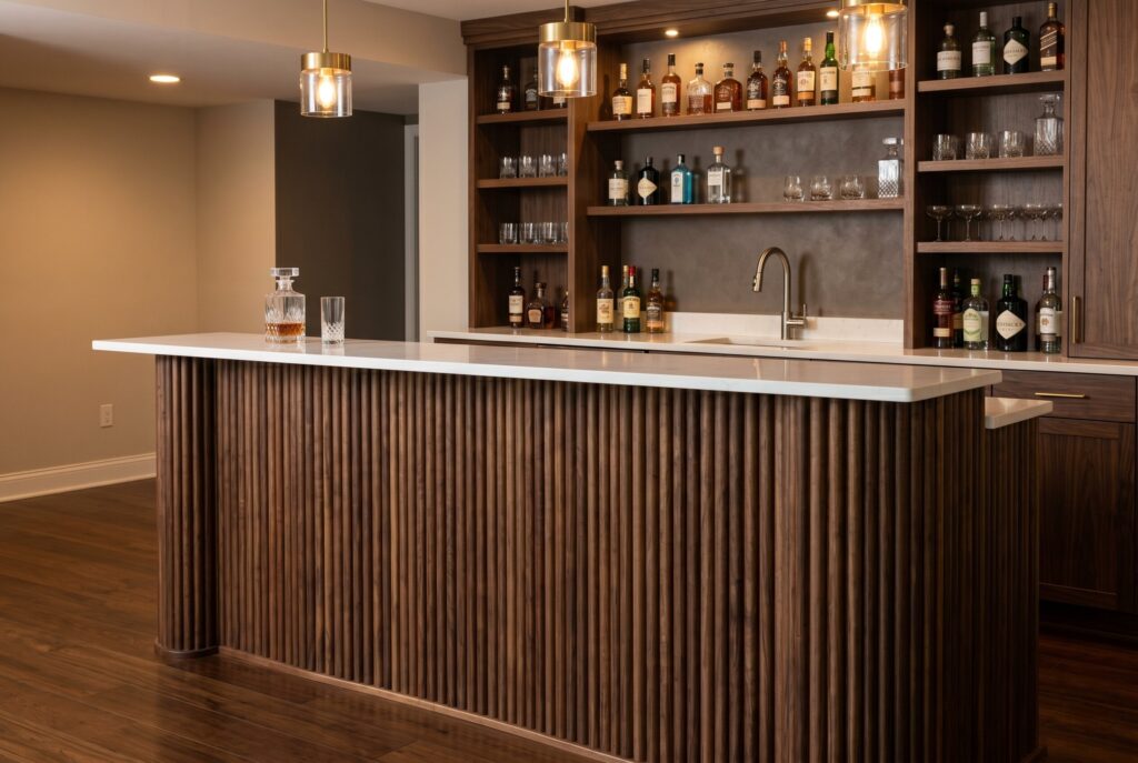 Fluted wood bar peninsula with walnut slats, stone countertop, and modern styling. 