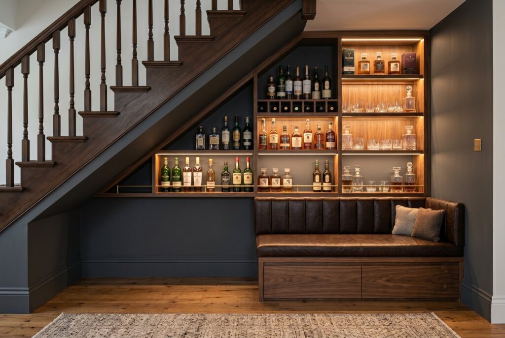 Under stair whiskey nook with walnut shelving, illuminated bottle display, and leather storage bench.