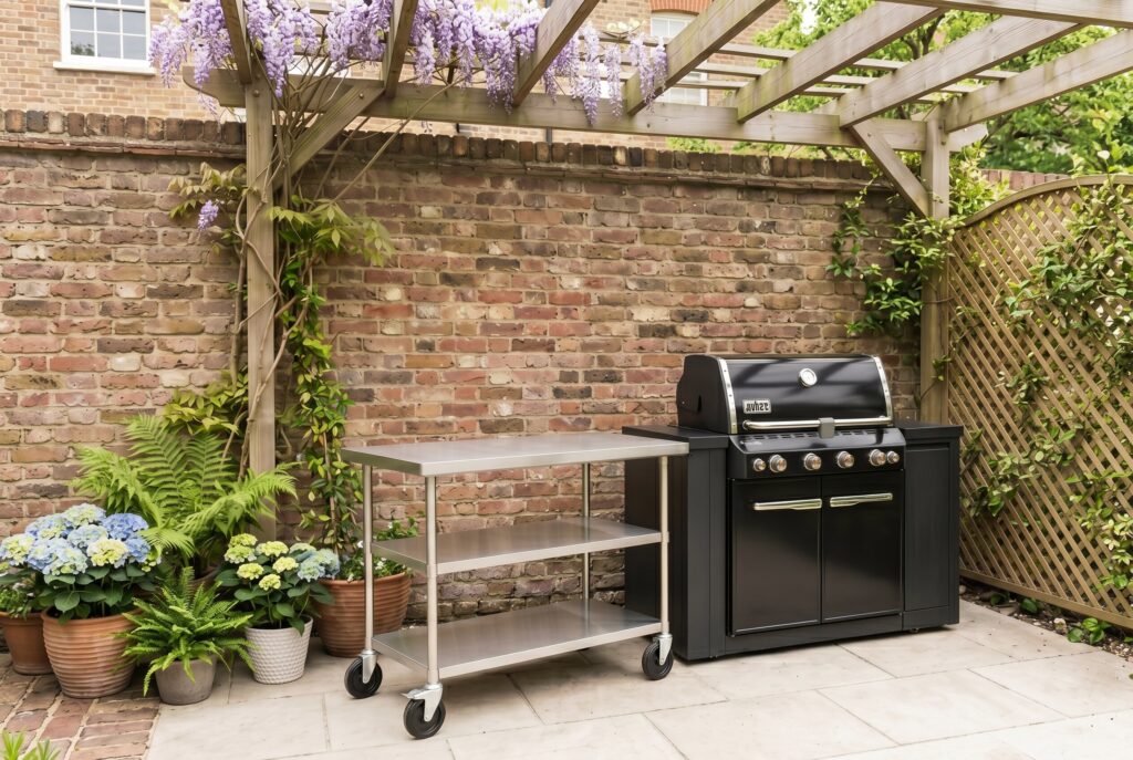 Outdoor grill paired with movable prep cart beneath a covered patio structure.