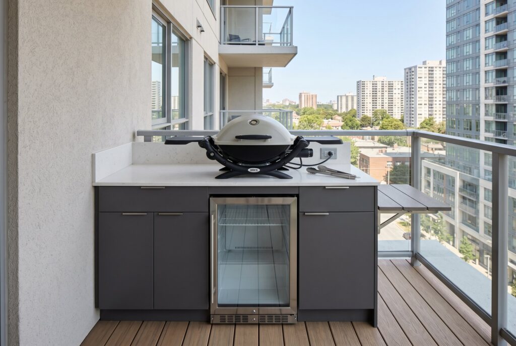 Balcony outdoor kitchen with electric grill, mini fridge, and slim cabinet run.