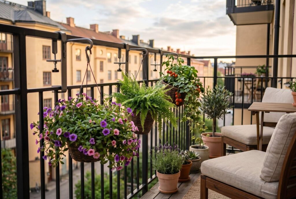 Railing mounted hanging baskets with flowers and ferns on apartment balcony patio. 