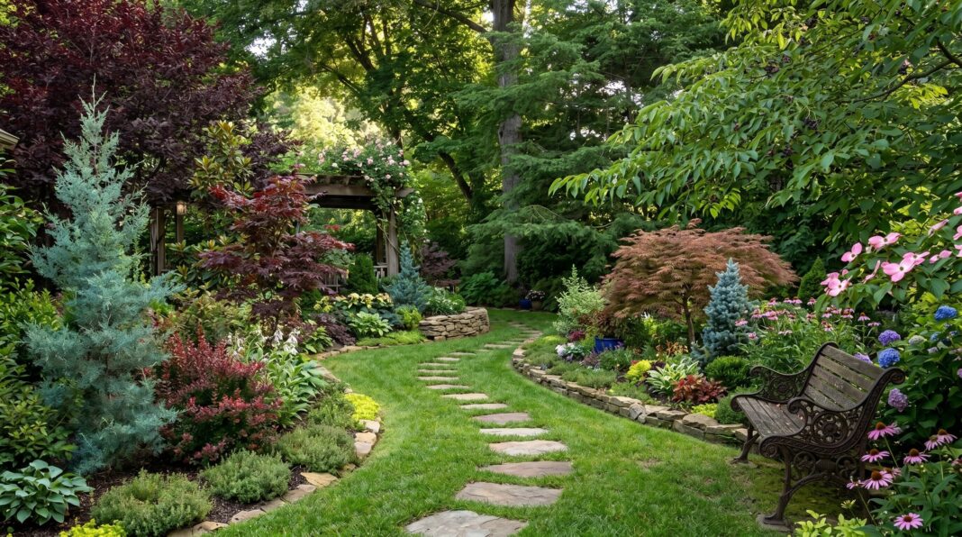 Backyard landscaping ideas with curved garden path, layered planting beds, and cozy seating area.