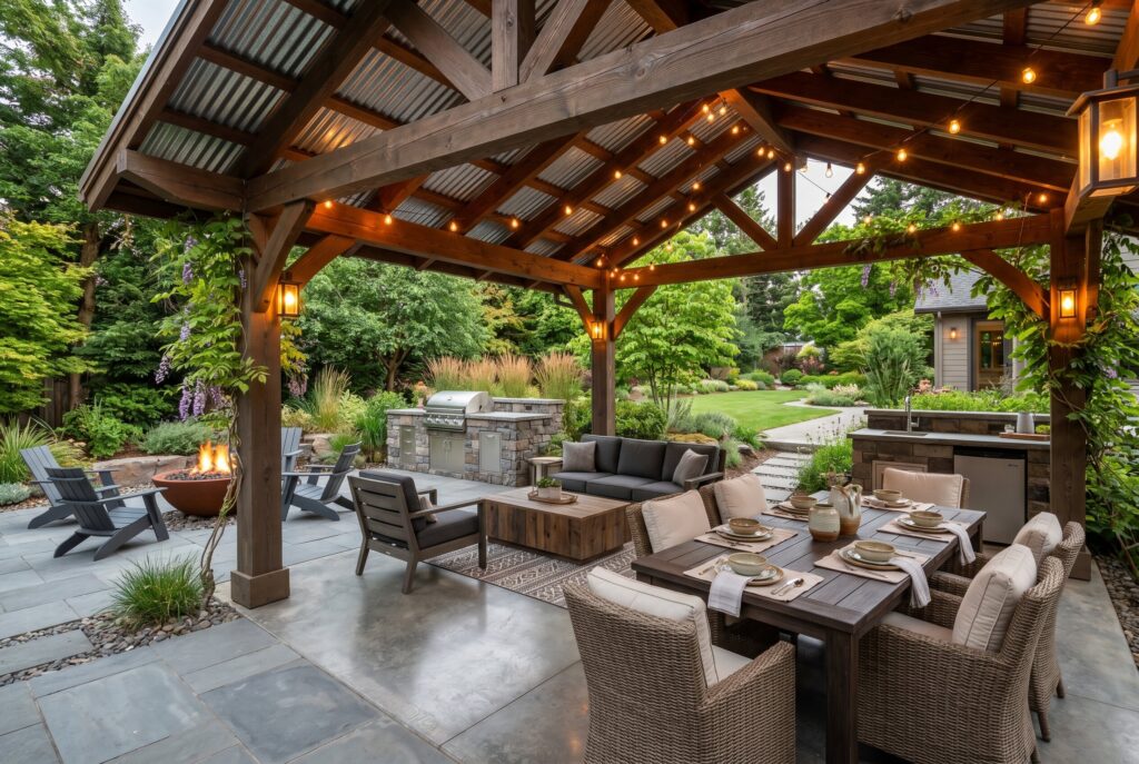 Corrugated metal roof pavilion with outdoor lounge and dining area for year round use.
