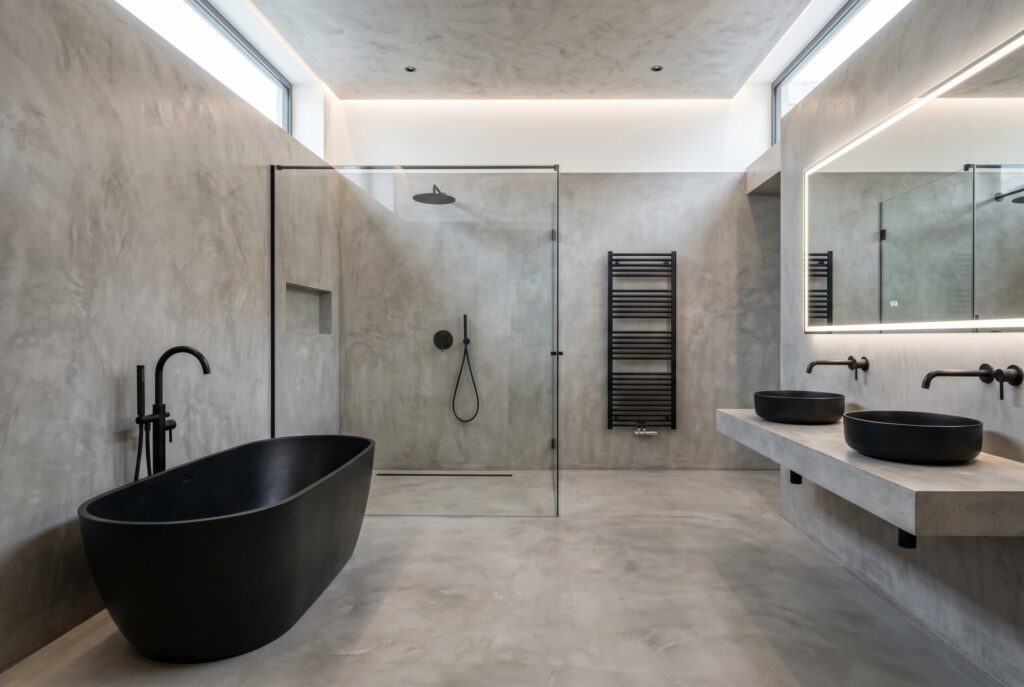 Concrete inspired spa bathroom with freestanding tub and matte black fixtures.