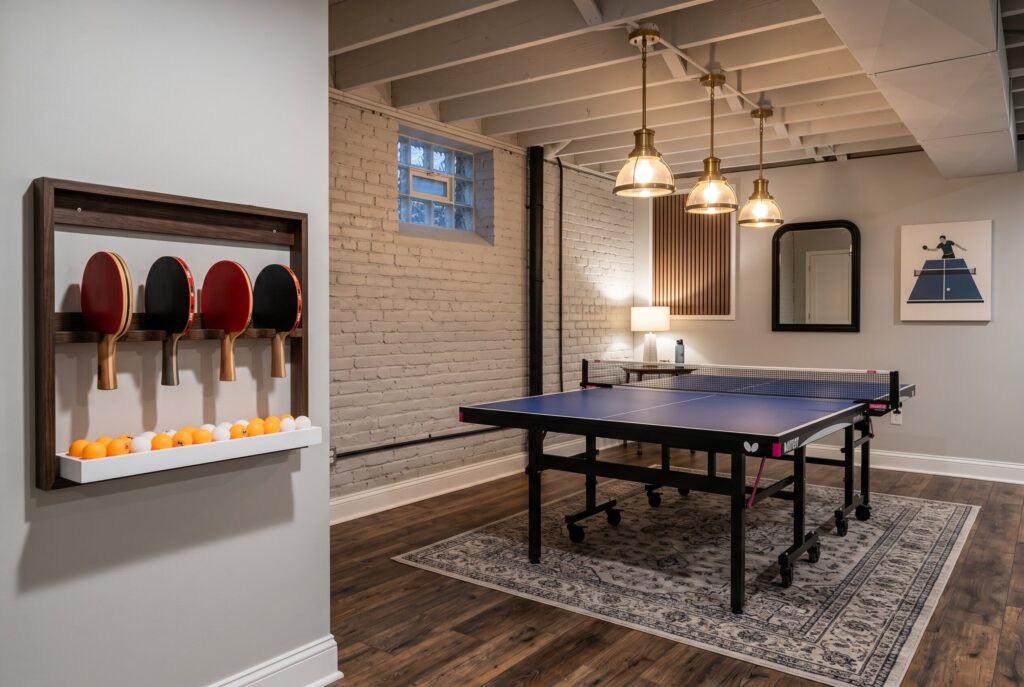 Ping pong corner in finished basement with paddle storage and warm pendant lighting.