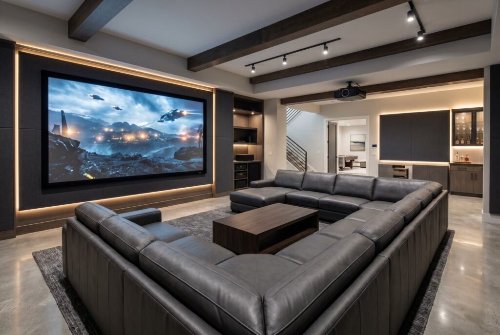 U shaped sectional home theater lounge with oversized screen and ambient lighting.