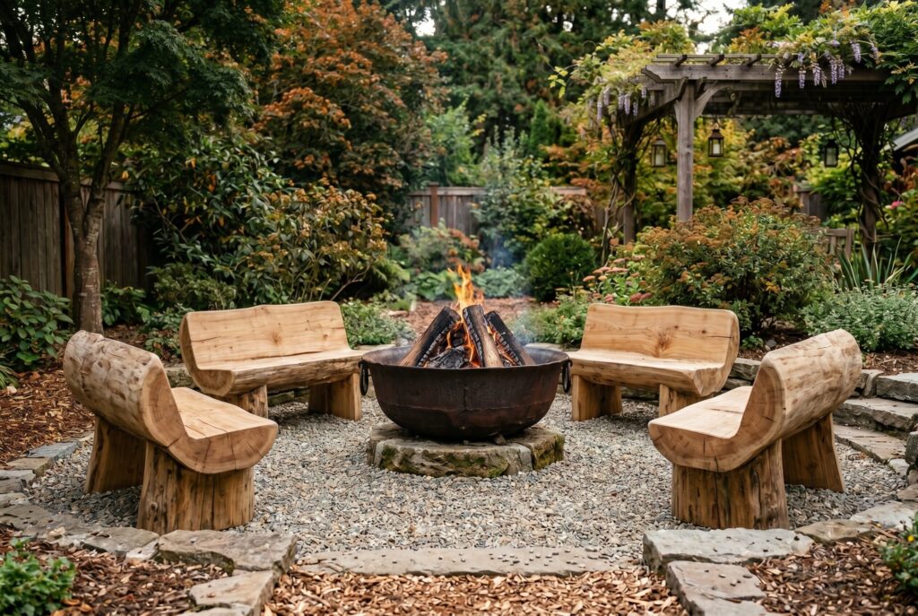 Rustic iron fire cauldron with carved wood seating and woodland backyard setting.