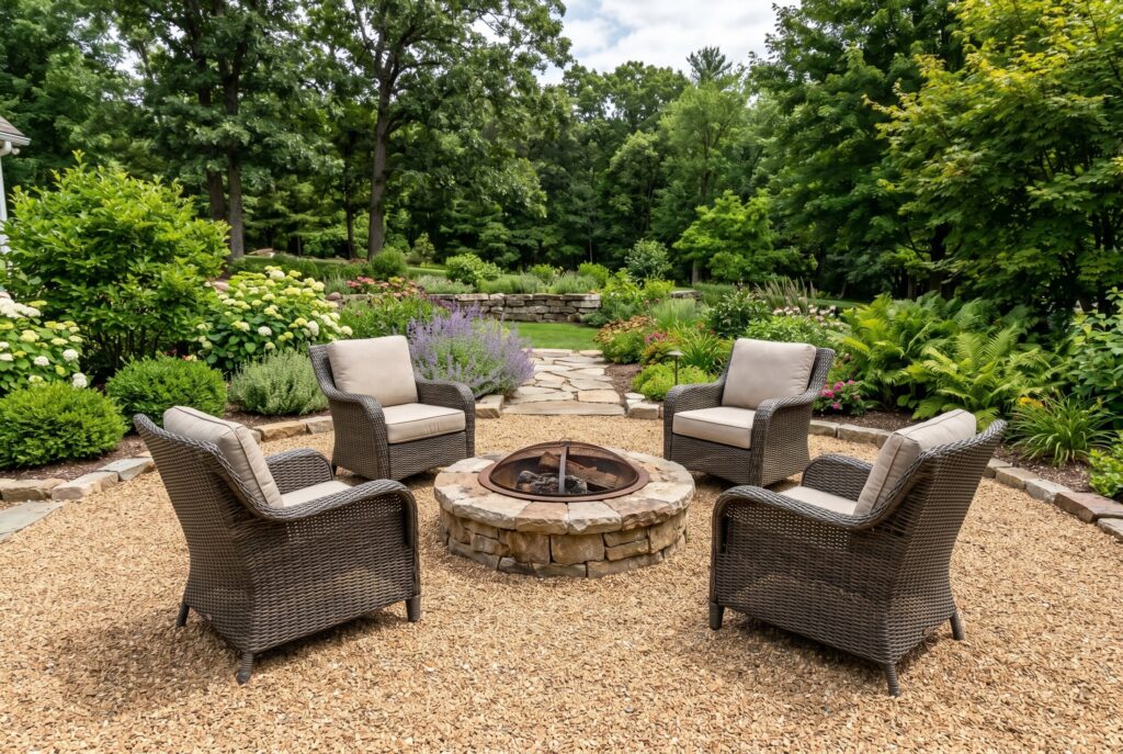 Pea gravel fire pit lounge with woven chairs and circular stone fire pit.