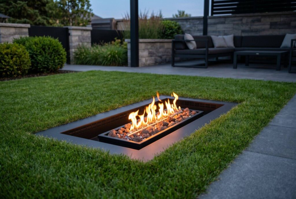 Flush fire feature with smart ignition and hidden ventilation in modern backyard.