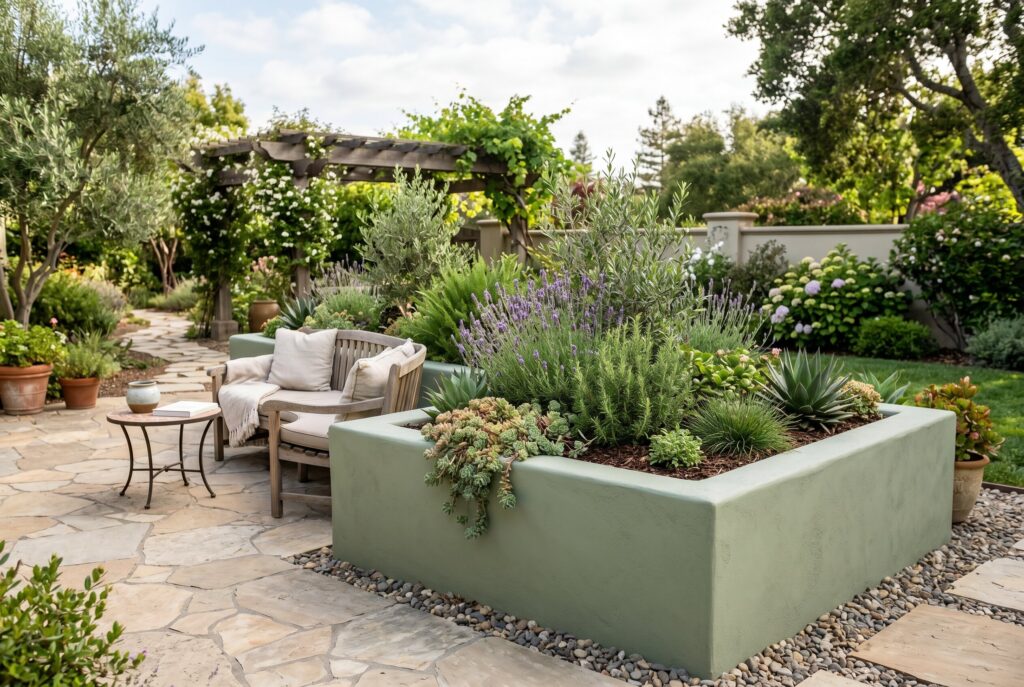 Sage green stucco planter boxes with patio seating and Mediterranean landscaping.