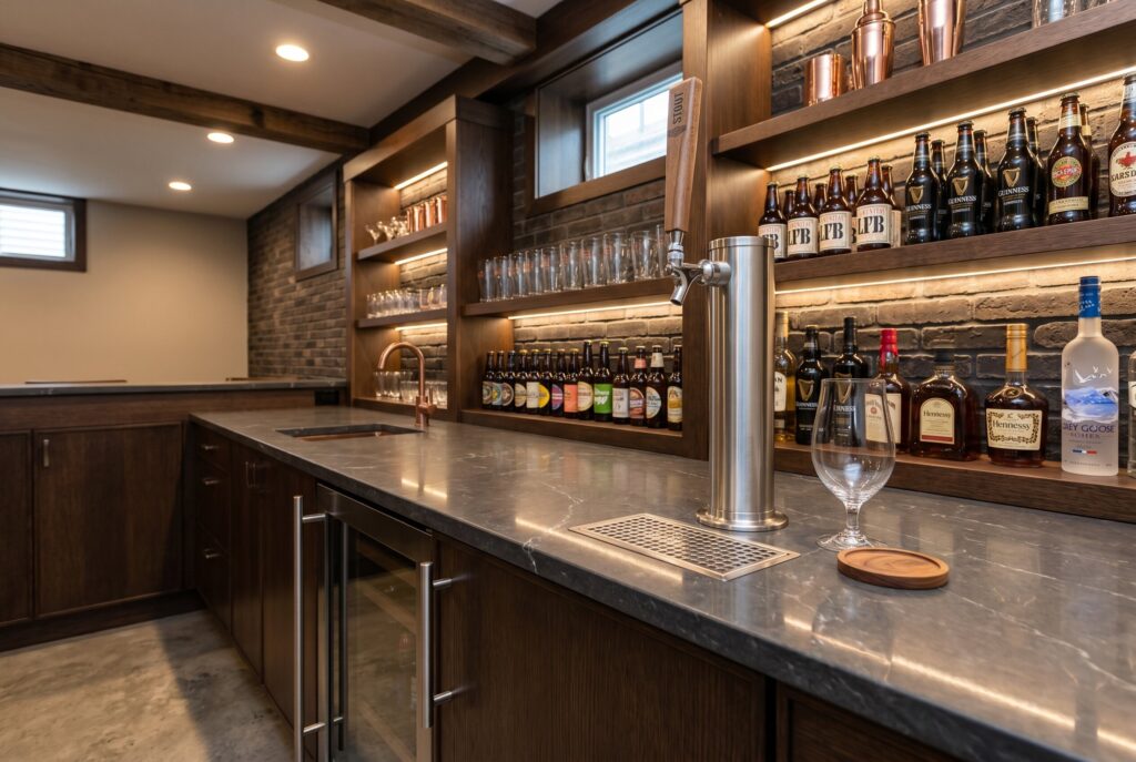 Modern basement bar with exposed beer tap column and illuminated stone backsplash. 