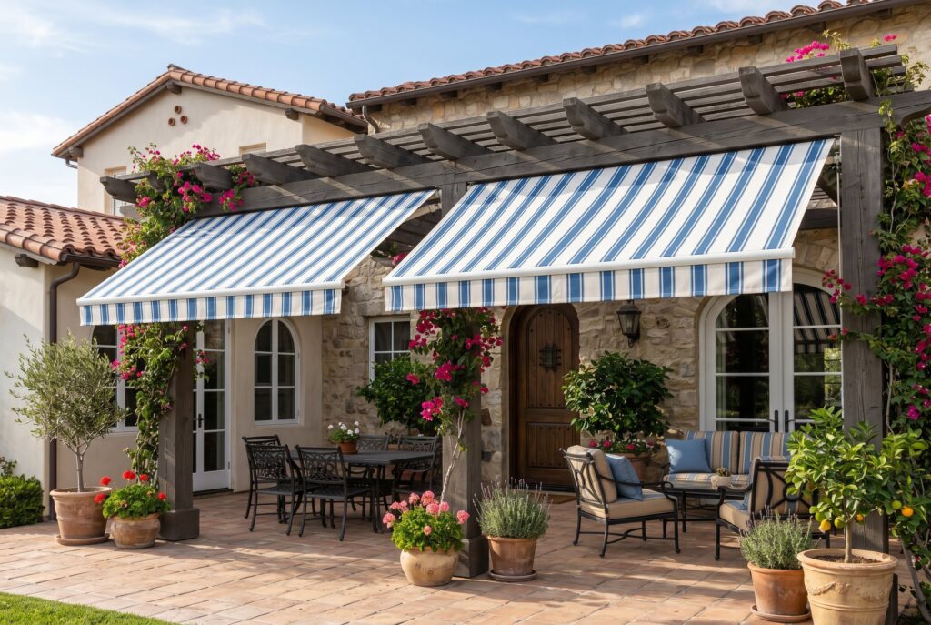 Classic striped canvas awnings over patio with Mediterranean style outdoor seating. 
