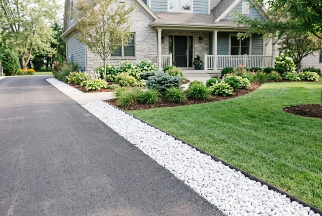 White landscaping rock driveway border creating clean edged front yard curb appeal. 