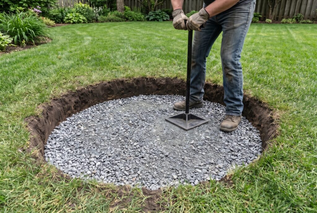 Compacting crushed gravel foundation inside fire pit excavation with hand tamper.