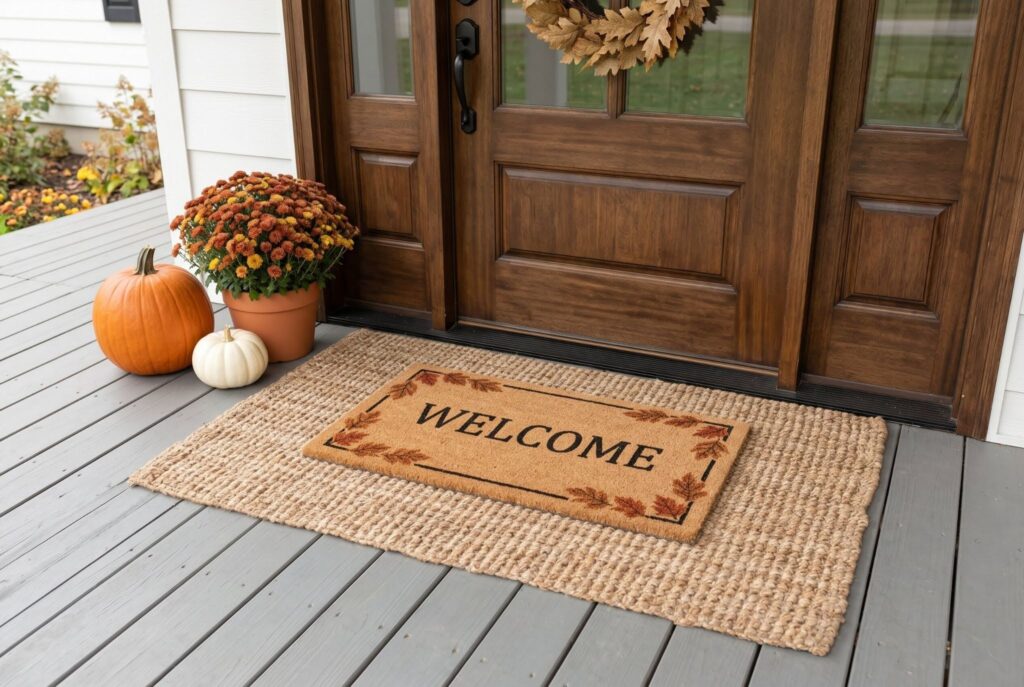 Layered outdoor rug and welcome mat with pumpkins on small fall front porch.
