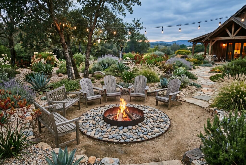 Fire pit surrounded by river rocks, rustic seating, and drought tolerant garden plants.
